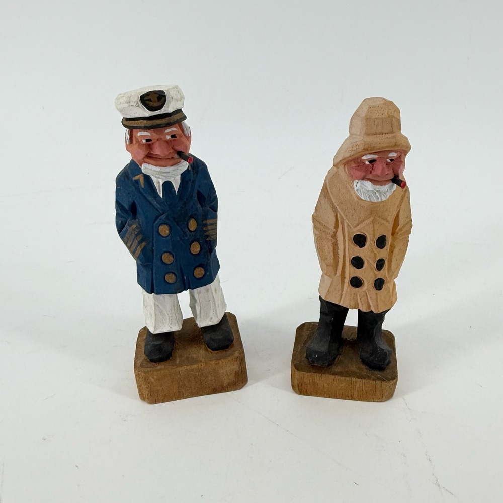 Hand Carved Wood Sea Captain and Fisherman Nautical Figurines Set of 2